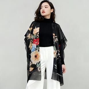 通勤宽松印花披肩女士中长款蝙蝠袖防晒式开衫雪纺衫黑色休闲百搭