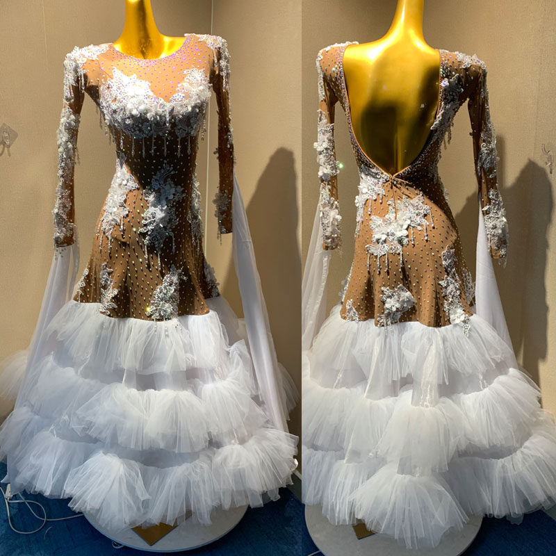 摩登舞华尔兹演出服装 表演服定做成人肤色 白色比赛裙