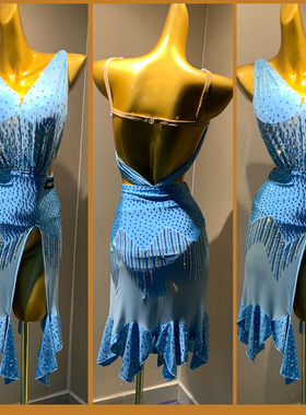 新款舞蹈服成人恰恰拉丁舞演出服定制专业高端伦巴蓝色比赛裙