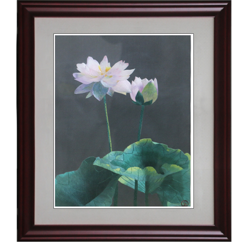 苏绣荷花纯手工刺绣客厅书房办公室装饰画苏州刺绣挂画质感家居图片