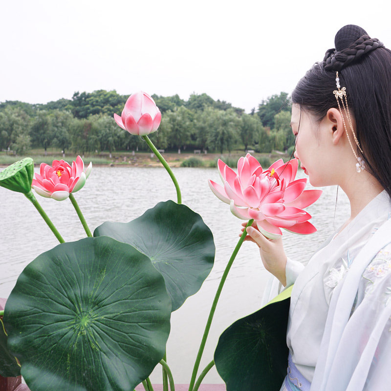 仿真荷叶带杆假荷叶莲蓬荷花水池装饰花莲花摆件客厅拍摄舞蹈道具