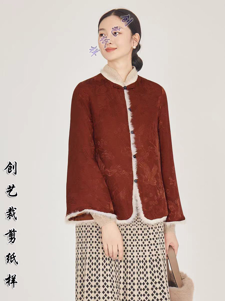 1:1纸样版n373中式改良红色提花棉服女冬拼接貂毛国风棉袄裁剪图