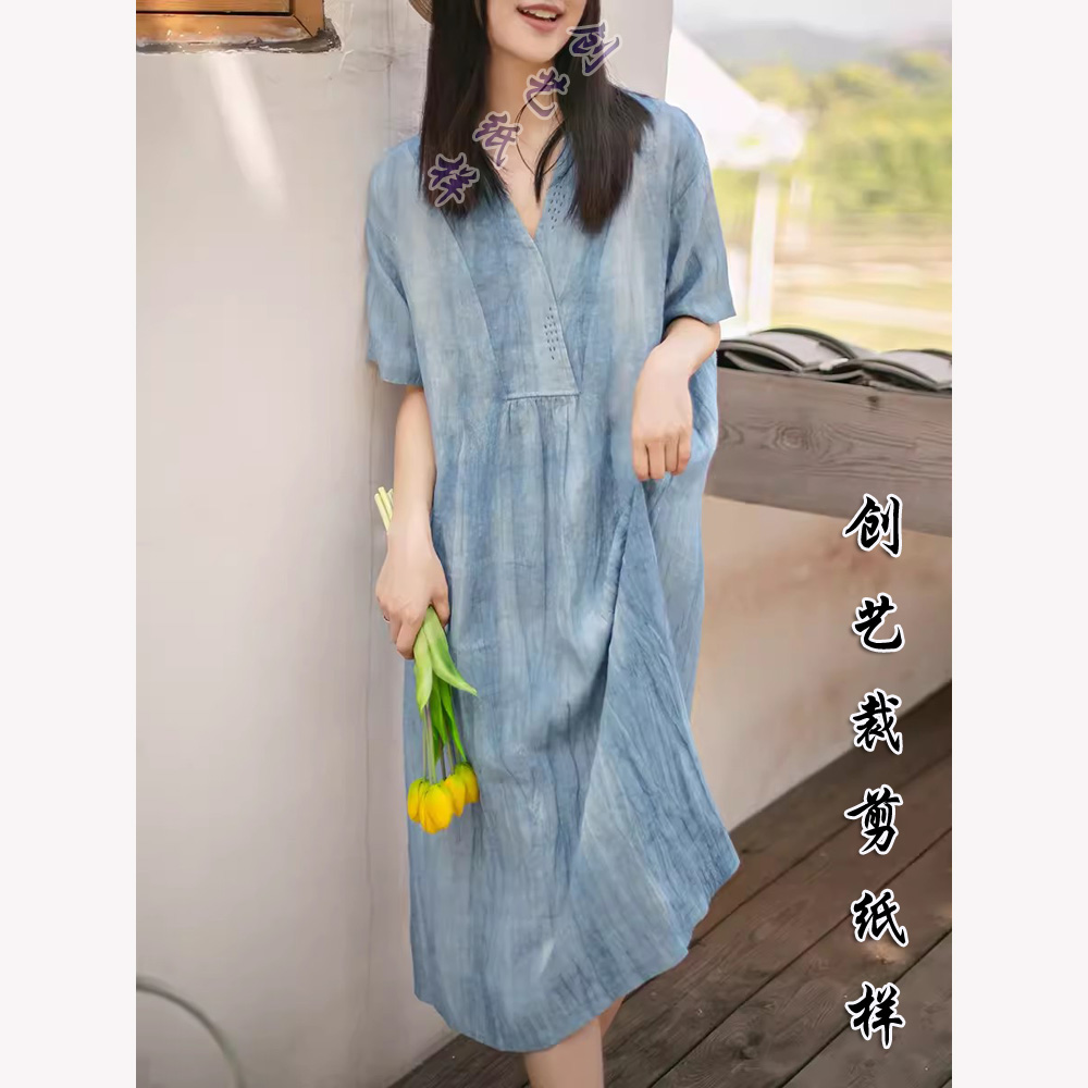 服装裁剪图 E58夏装新款文艺连衣裙肌理亚麻宽松显瘦长裙牛皮纸样