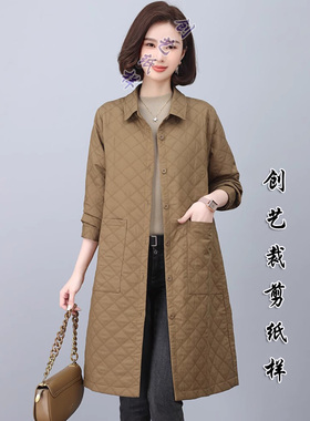 牛皮纸E274夹棉风衣外套女中长款新款妈妈棉袄秋冬轻薄棉衣纸样版