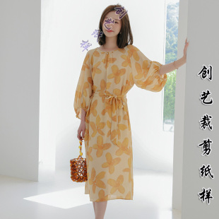 系带气质女装 桑蚕丝裙子夏1:1纸样 裁剪图N222真丝连衣裙新款 服装