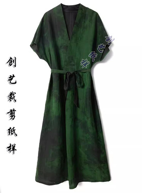 缝纫裁剪图纸 E77春季新款绿色国风桑蚕丝香云纱气质连衣裙做衣服