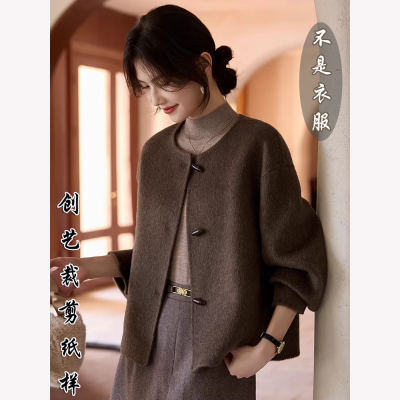 缝纫纸样F239双面羊绒女短款秋冬新款韩版简约宽松毛呢外套裁剪图