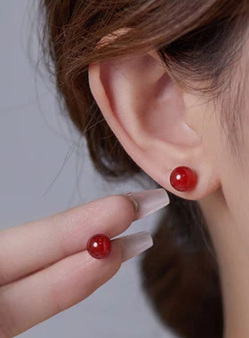 红玛瑙耳钉女轻奢小众气质高级感养耳洞耳环2024年新款红石耳饰品