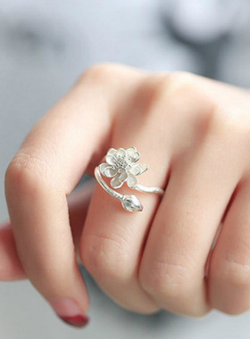 原创设计S925纯银饰品唯美简约中国风荷花手工开口戒指女指环百搭