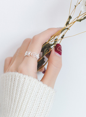 韩版镂空五瓣花甜美风银戒指
