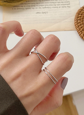 925纯银时尚戒指女ins潮开口可调节食指戒冷淡风个性交叉指环饰品