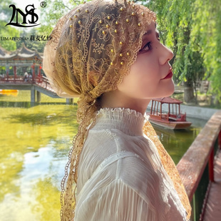 飘带披肩帽头巾帽盖头女回纱巾帽新款刺绣遮发帽洋气时尚包头帽子