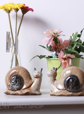 新可爱蜗牛陶瓷家居装饰摆件成双