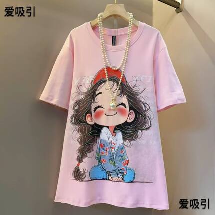 夏季新款卡通女孩印花t恤女大码重工烫钻宽松遮肚子显瘦半袖潮