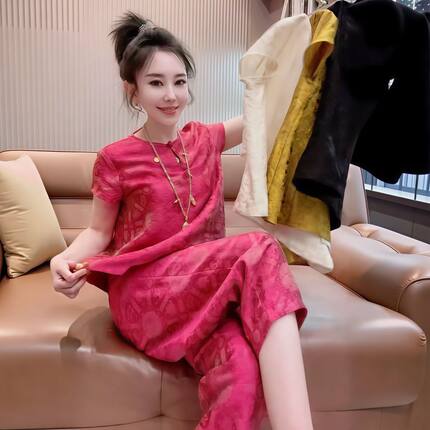 新中式国风提花短袖宽松小衫上衣九分阔腿裤套装女2026夏季洋气约