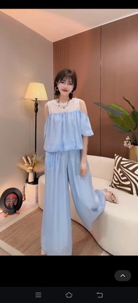 2026夏季清凉显瘦套气质装法式拼色露肩上衣阔腿裤两件套女约