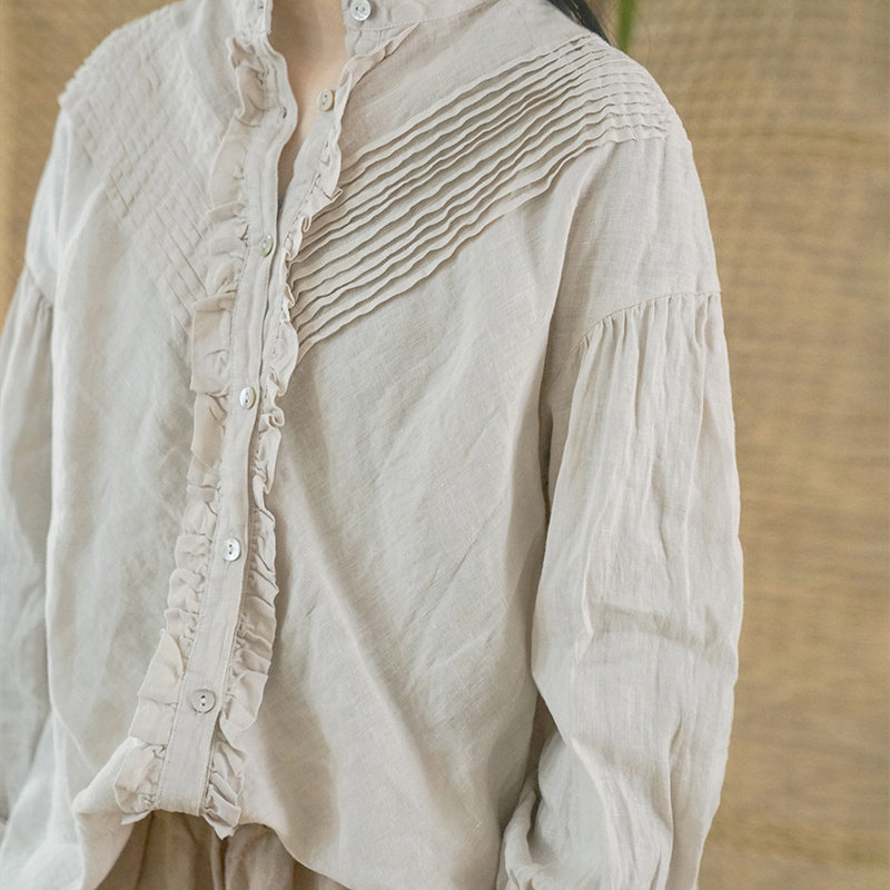 秋季文艺市集法式复古亚麻长袖风琴褶衬衫宽松显瘦休闲百搭上衣女