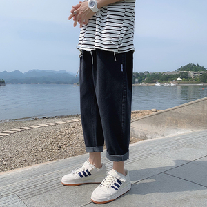 秋夏直筒牛仔裤男九分潮牌港风宽松韩版松紧腰中性阔腿裤nz76-p40图片