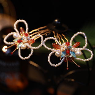 新款璎珞花簪琉璃发簪古风步摇流苏发夹钗子汉服头饰发饰国风女