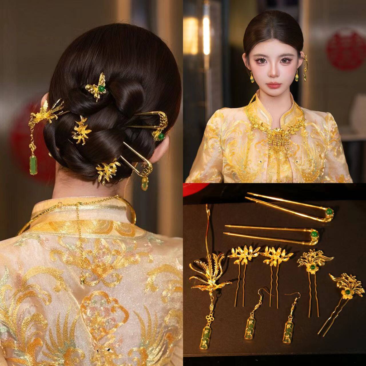 轻奢古风金绿发饰套组 凤凰流苏步摇玉珠发簪 新中式旗袍汉服配饰