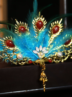 原创手工超仙古风汉服头饰百搭羽毛头冠蓝色凤凰发冠儿国仙头饰