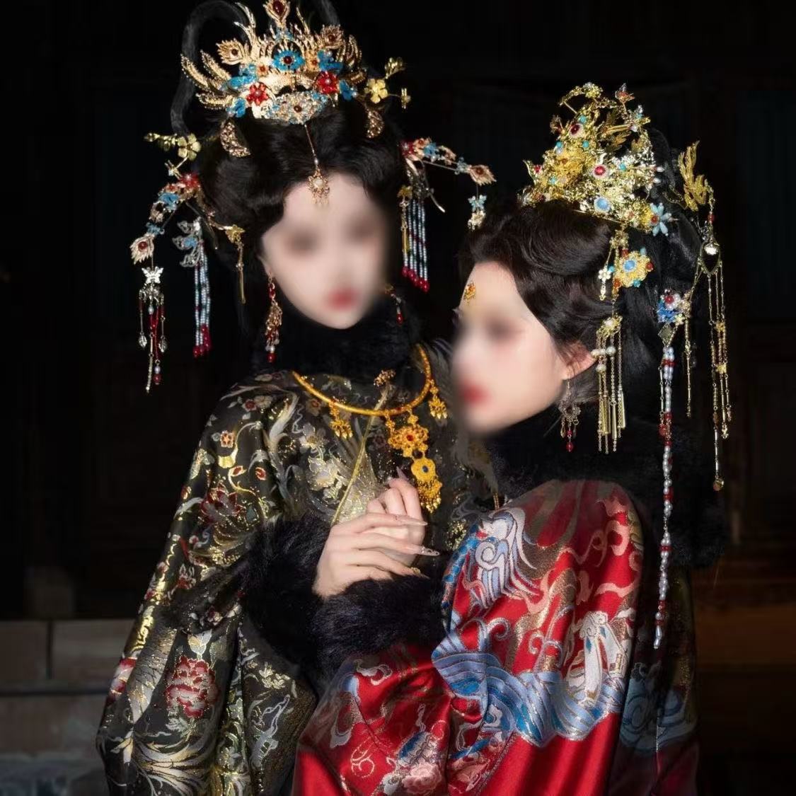 复古重工凤凰新娘凤冠套装 明制汉服婚嫁挑牌长流苏秀禾头饰耳环