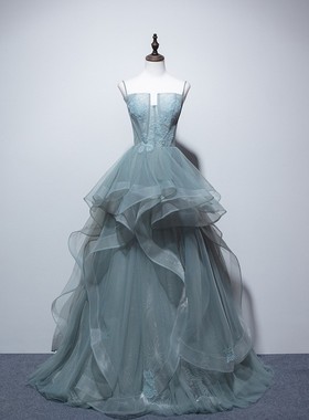 出租晚礼服灰绿色吊带抹胸主持舞台演出晚礼服Party宴会蓬蓬裙