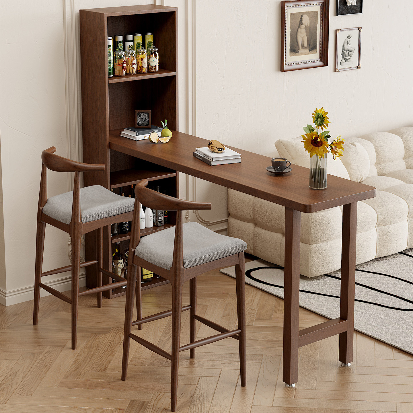 家用实木吧台桌餐边柜一体客厅阳台隔断高脚桌北欧长条桌椅收纳柜