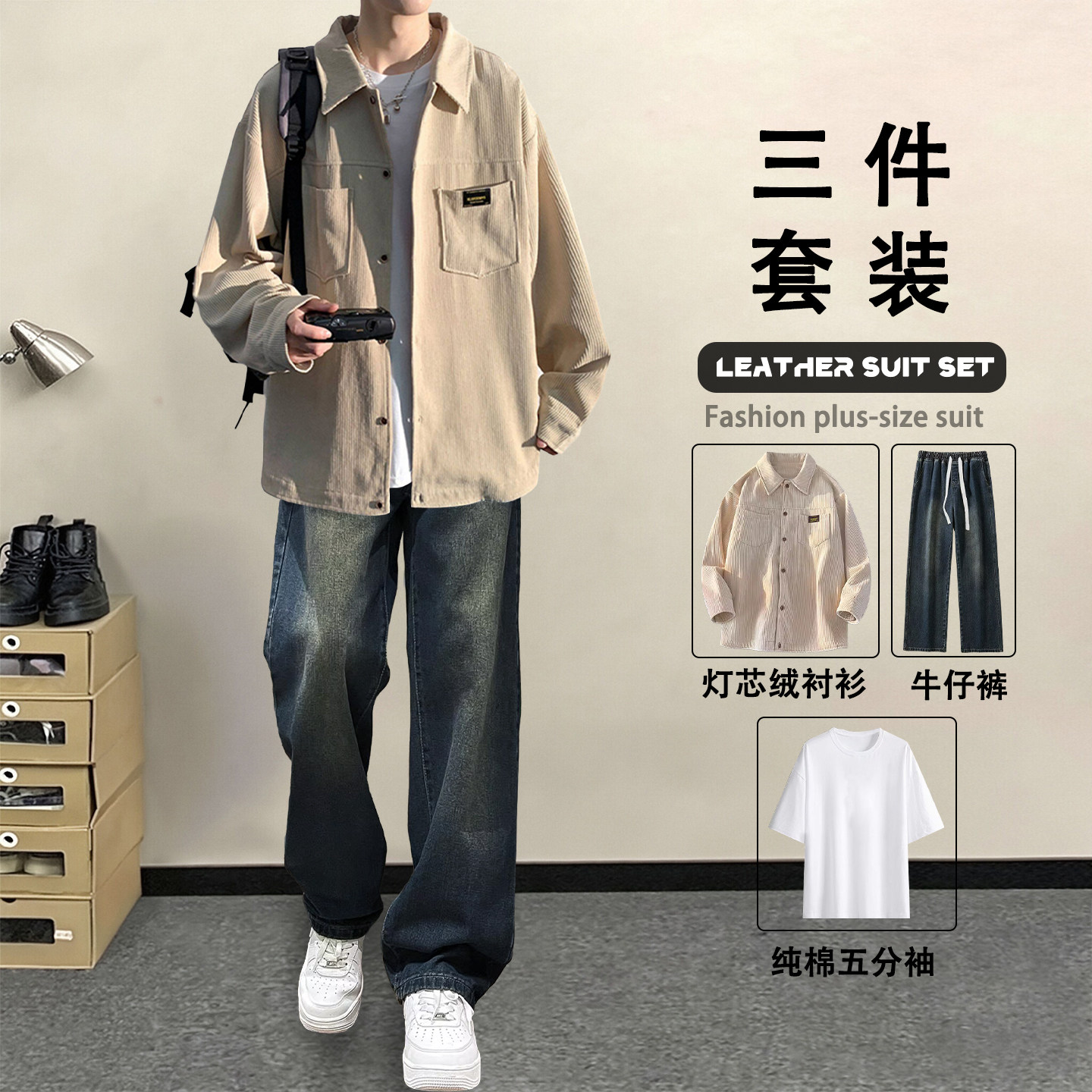 青少年学生三件套装男士上衣裤子3件套春秋季衬衫牛仔裤T恤一整套,男装,时尚套装,淘宝优惠券,粉丝福利购,淘宝优惠卷