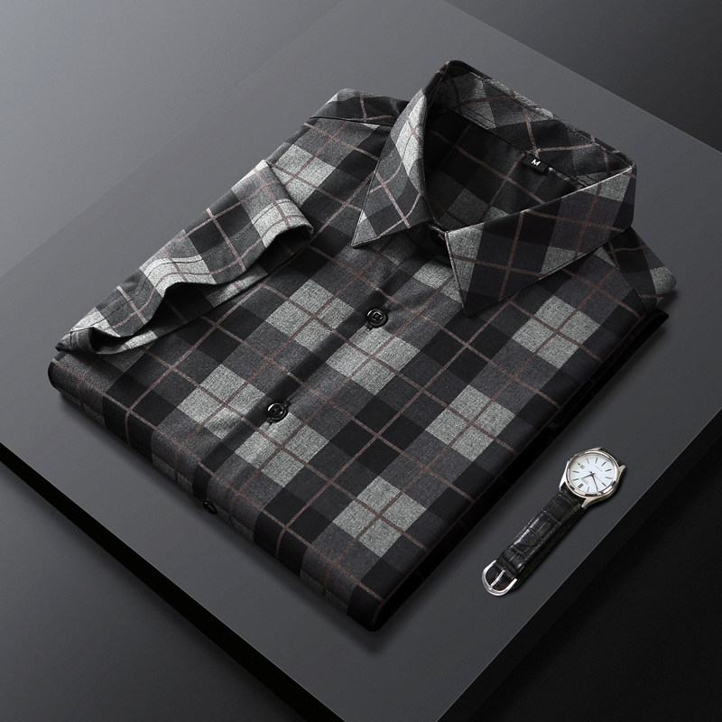 2026夏季新款格子短袖衬衫男翻领商务休闲纤维冰感青年薄款衬衣男