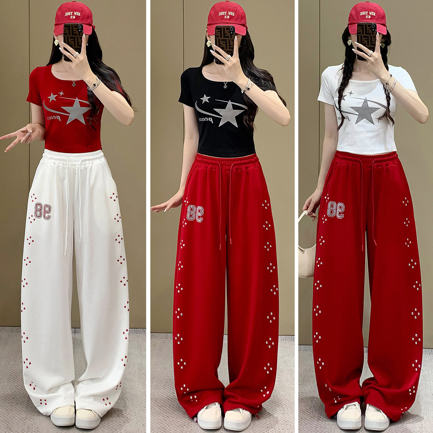 反光字母T恤衫搭配弯刀裤两件套图片