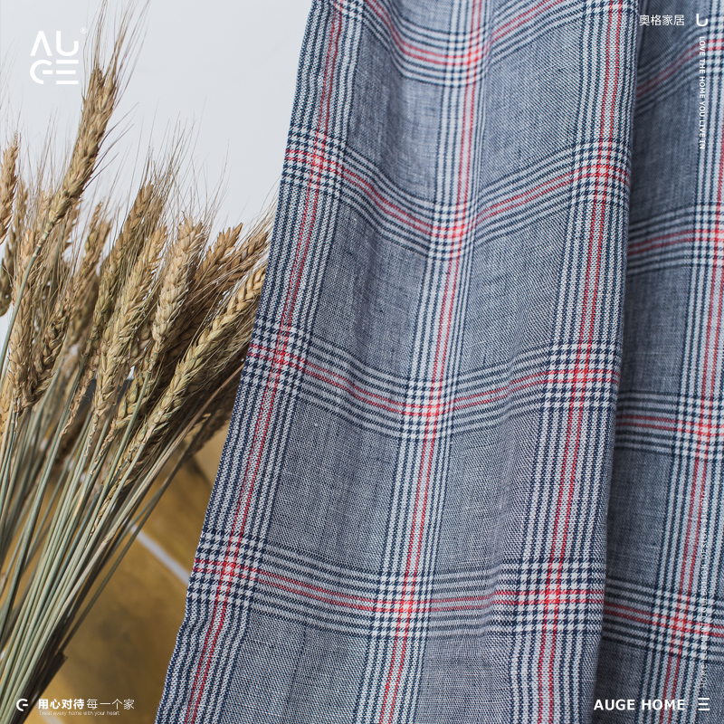 民宿纯亚麻英伦风格子窗帘定制