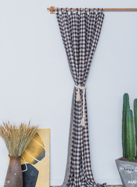 AUGE HOME民宿INS北欧简约双层双面小格子两用亚麻棉麻窗帘定制