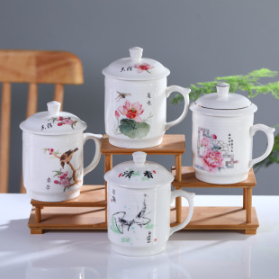 陶瓷杯带盖 陶瓷大号450ml茶杯 梅兰竹菊陶瓷水杯子礼品杯办公杯