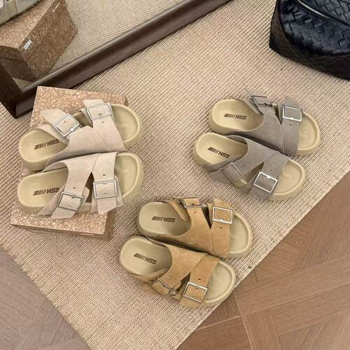 H55女鞋夏季新款休闲简约百搭凉拖牛皮纯色厚底搭扣防滑勃肯拖鞋