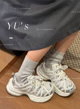 H55女鞋超嗲芋泥烟灰系带增高巴黎5cm休闲百搭厚底2026新款老爹鞋