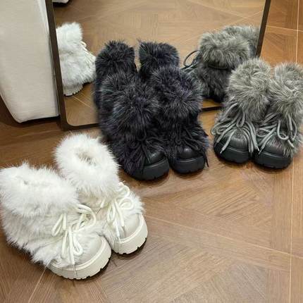 H55女鞋以太森林2025冬季新款重工绑带厚底增高保暖中筒毛毛靴