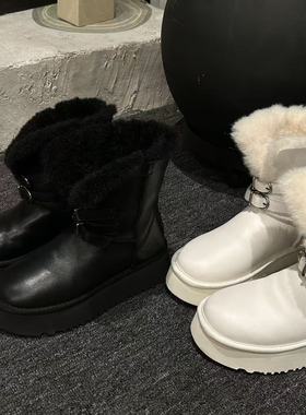 H55女鞋黑曜石2025冬季新款厚底增高百搭帕扣两穿羊皮保暖雪地靴
