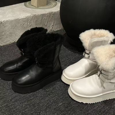 H55女鞋黑曜石2025冬季新款厚底增高百搭帕扣两穿羊皮保暖雪地靴