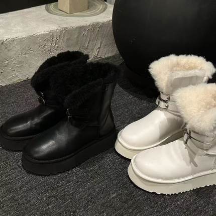 H55女鞋黑曜石2025冬季新款厚底增高百搭帕扣两穿羊皮保暖雪地靴