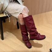 H55女鞋 西雅图夜话2025新款 方头做旧皱皱靴3cm内增高小众中筒靴