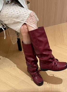 H55女鞋西雅图夜话2025新款方头做旧皱皱靴3cm内增高小众中筒靴