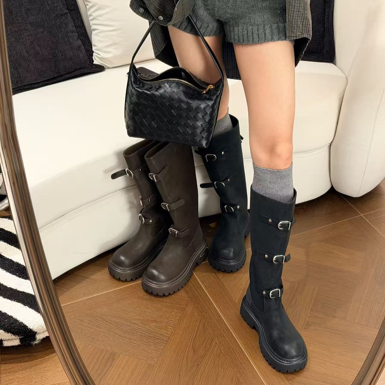 H55女鞋厄洛斯古堡2025冬季新款金属帕带v型厚底长筒暗黑骑士靴