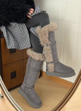 H55女鞋芬兰雪霁2025冬季新款长筒厚底拼接毛毛保暖高筒雪地靴