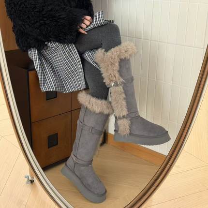 H55女鞋芬兰雪霁2025冬季新款长筒厚底拼接毛毛保暖高筒雪地靴