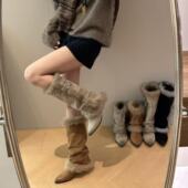 新款 H55女鞋 暖咖絮语2025冬季 磨砂皮尖头低跟女靴毛绒温柔复古靴