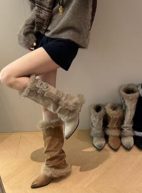 H55女鞋暖咖絮语2025冬季新款磨砂皮尖头低跟女靴毛绒温柔复古靴