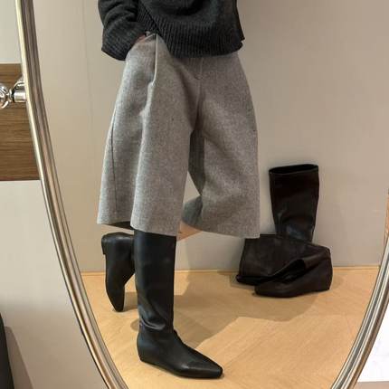 H55女鞋轻法式2025冬季新款尖头弹力瘦瘦靴短筒楔形增高时装靴