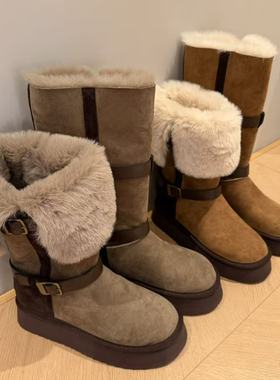 H55女鞋糖炒栗子2025冬季新款重工厚底加厚高筒翻折骑士雪地靴