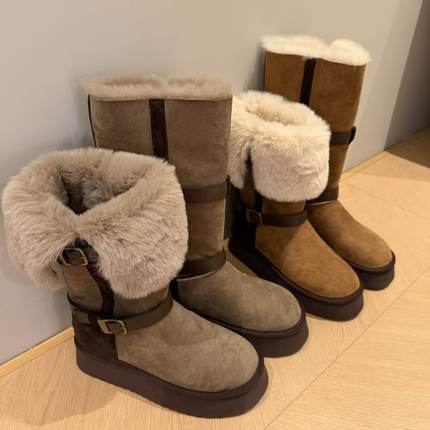 H55女鞋糖炒栗子2025冬季新款重工厚底加厚高筒翻折骑士雪地靴